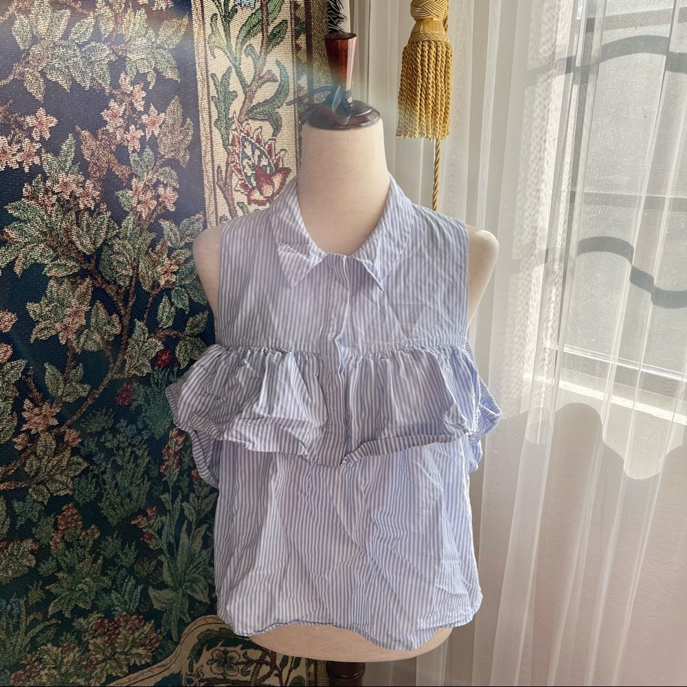 Light Blue and White Striped Off the Shoulder Ruffle Blouse